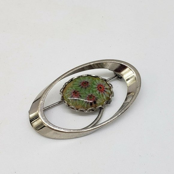 Vintage Green Murano Millefiori Venetian Glass Italian Pin Brooch Silver Tone - Picture 7 of 8